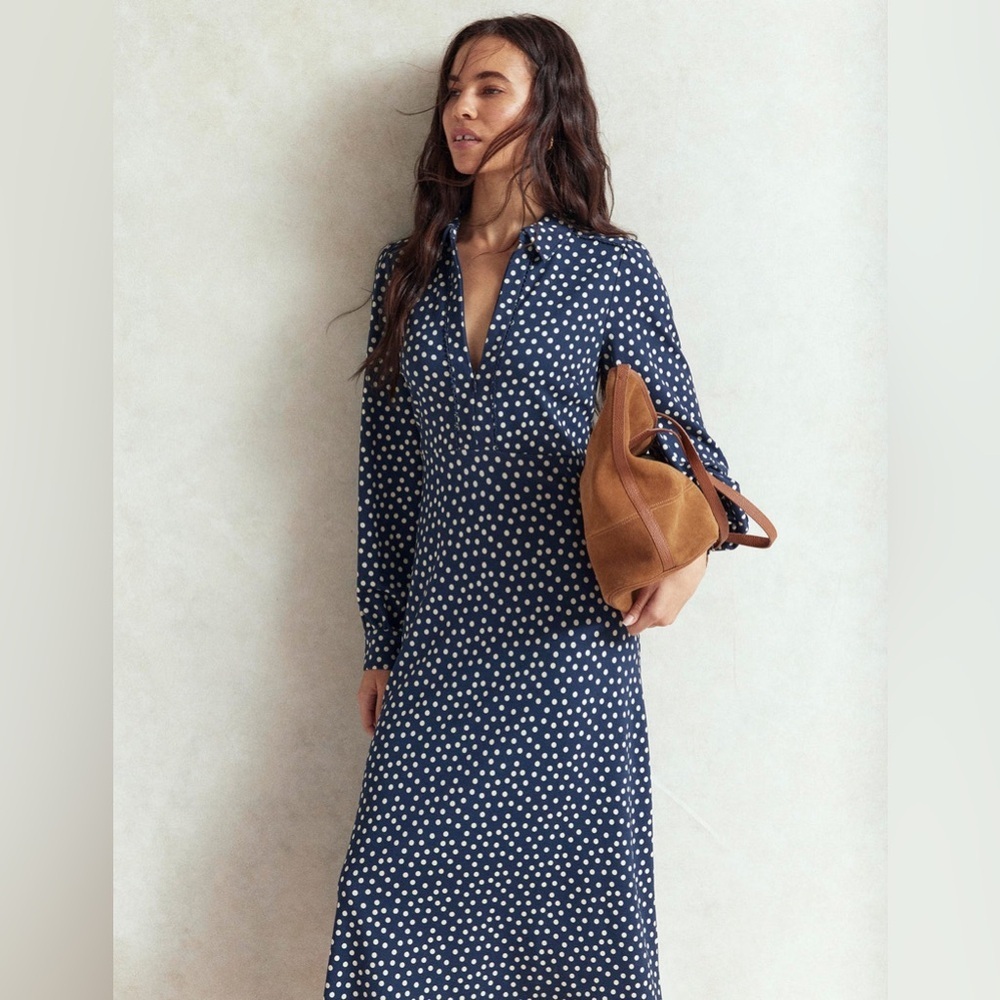 Boden Pip Zip-Up Ponte Midi Dress French Navy, Painted Collared Long Sleeve 8R